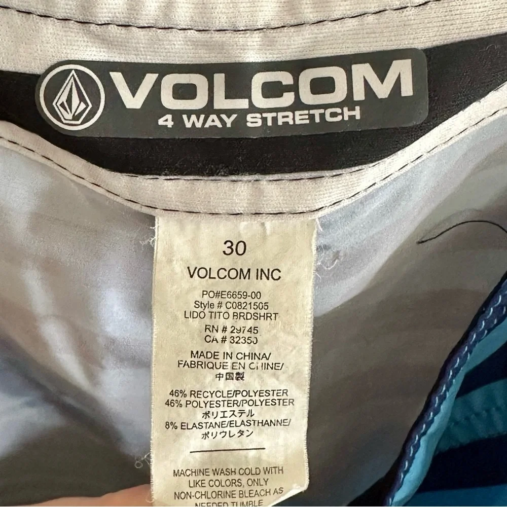 Men's Volcom 4-way Stretch Blue Striped Surf‎ Trunks Swim Shorts Size 30